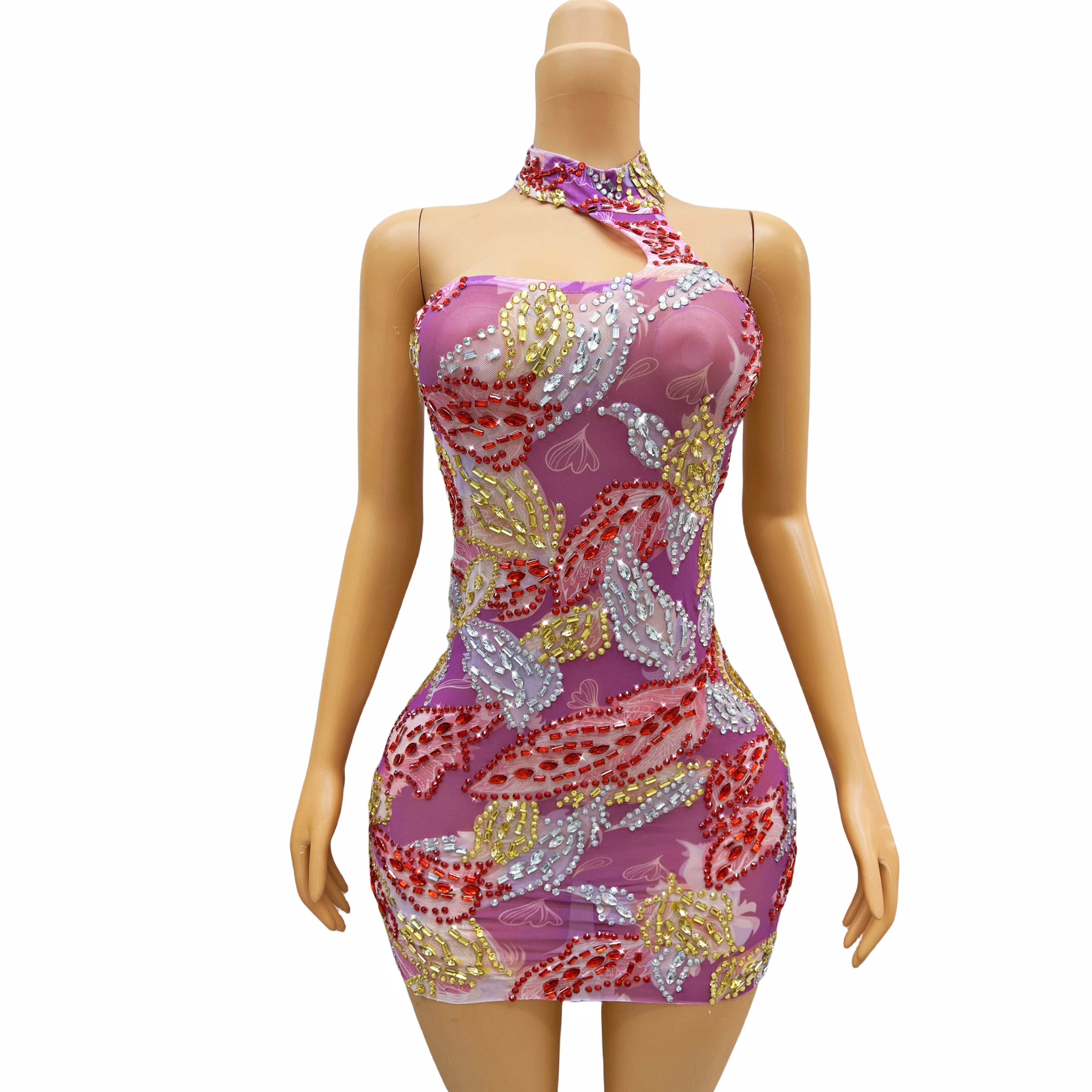 Spring Silver Pink Red Rhinestones Transparent Blackless Dress Evening Birthday Celebrate Crystals Sexy Costume