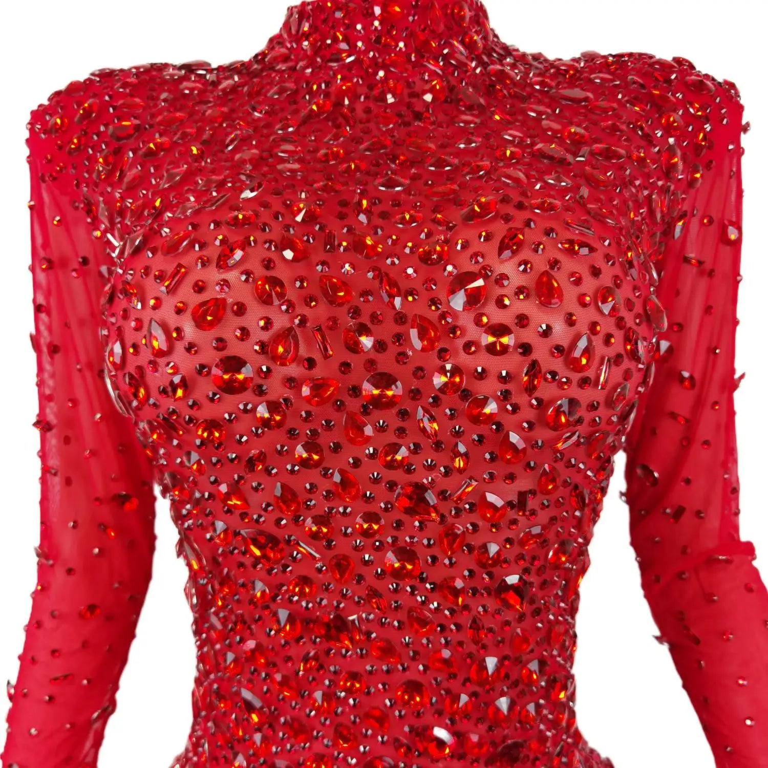 Stunning Red Diamond High Neck Long Sleeve Dresses Sexy High Slit African Black Girls Long Prom Dresses Women