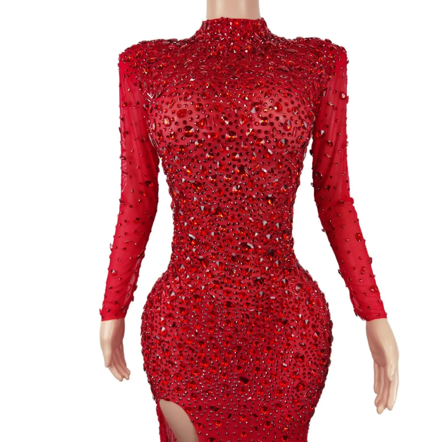 Stunning Red Diamond High Neck Long Sleeve Dresses Sexy High Slit African Black Girls Long Prom Dresses Women