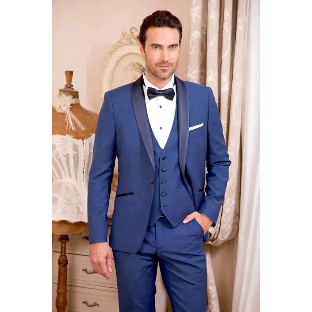 Men Royal Blue Shawl Lapel One Button Blazer Banquet Wedding 3 Piece (Jacket+Vest+Pants)