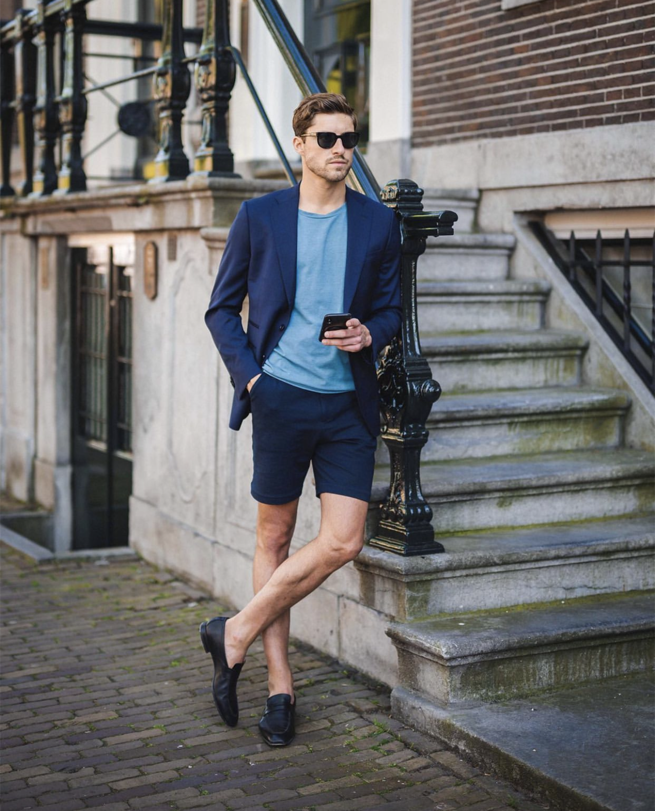 Summer Blue 2 Pieces Men's Suits Notched Lapel Wedding Blazers Slim Fit Tuxedos Groom Wear Prom Jackets With Shorts Outfit