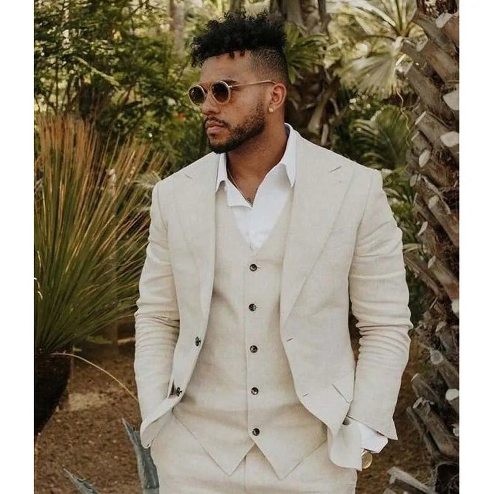 Men Suits High Quality Thin Linen 3 Piece Fashion Peak Lapel Male Blazer Beige Wedding Groom Casual Tuxedo