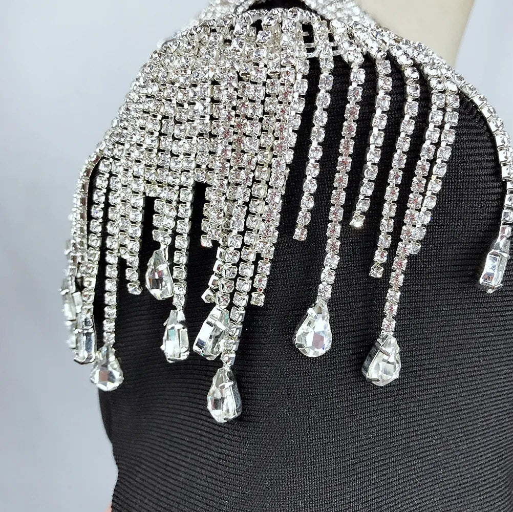 New Style Women's Rhinestone Tassel Mini Sexy Irregular Single-sleeved Bandage Dress Celebrity Runway Party Dresses