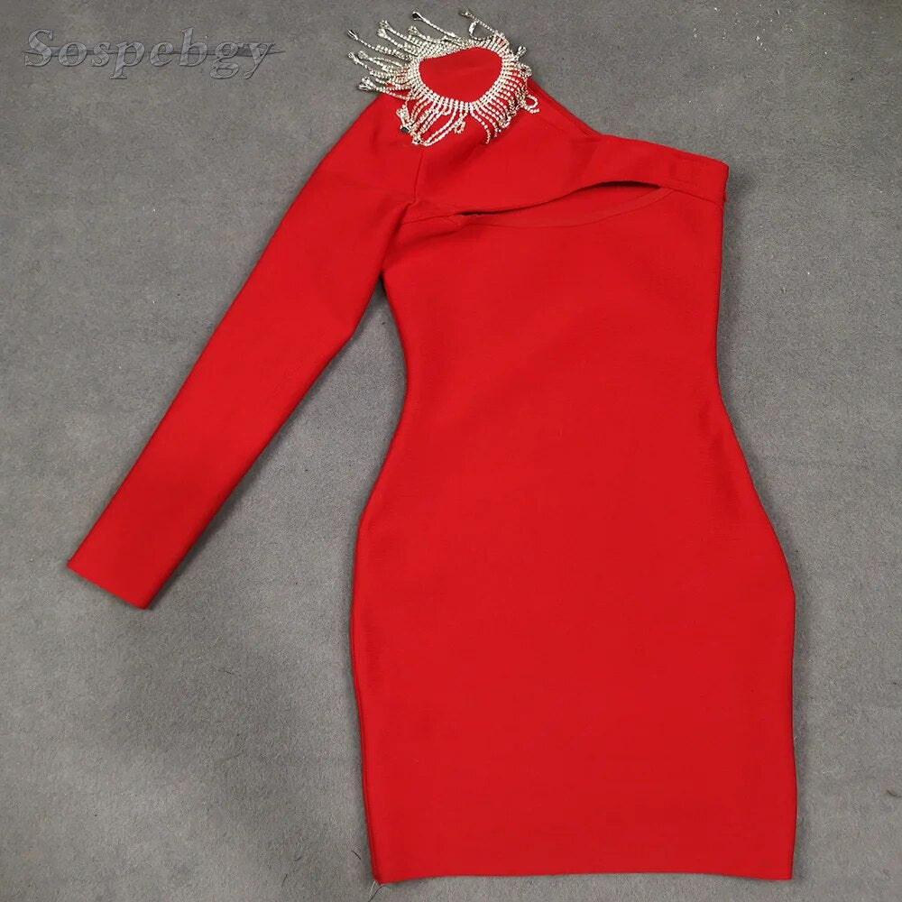 New Style Women's Rhinestone Tassel Mini Sexy Irregular Single-sleeved Bandage Dress Celebrity Runway Party Dresses