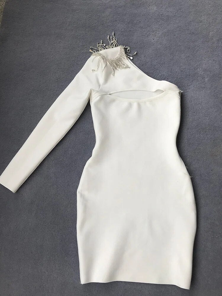 New Style Women's Rhinestone Tassel Mini Sexy Irregular Single-sleeved Bandage Dress Celebrity Runway Party Dresses