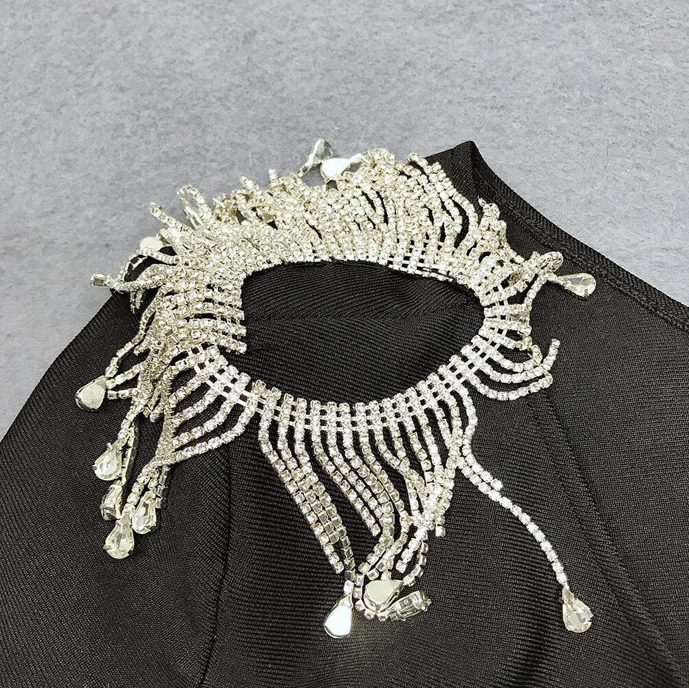 New Style Women's Rhinestone Tassel Mini Sexy Irregular Single-sleeved Bandage Dress Celebrity Runway Party Dresses