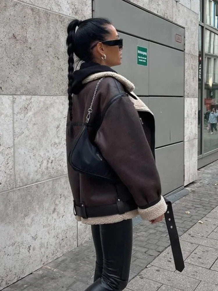 Fashion Faux Fur Jacket with Zipper Women Long Sleeve Double-sided Jackets Warm Coat Female Casual Lapel Cold Coat