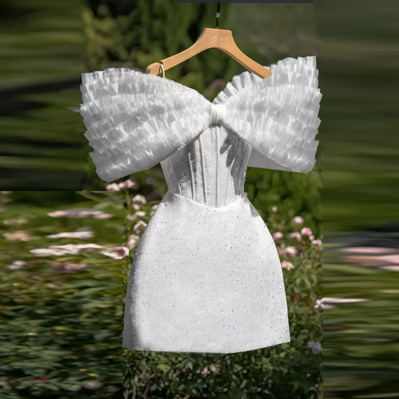 Sweet Short Prom Dress Pleat Off Shoulder Bonings Glitter Sequins Cocktail Dresses for Wedding White Mini Dress Custom Made