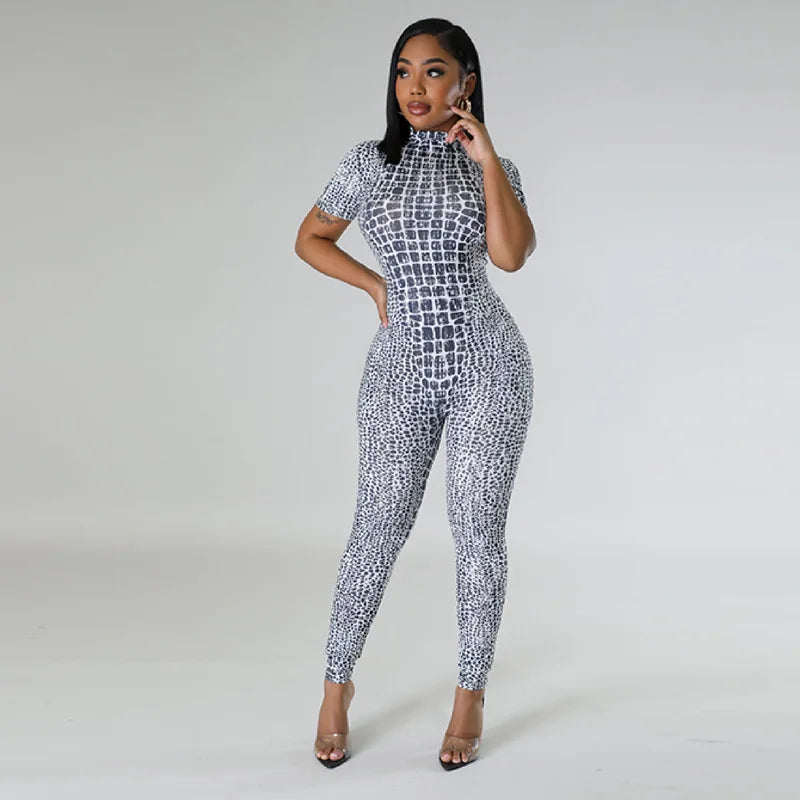 Sexy Print Jumpsuit For Women One Piece Outfits Short Sleeve Night Club Wear Rompers Party Bodycon Jumpsuits Pencil Pants
