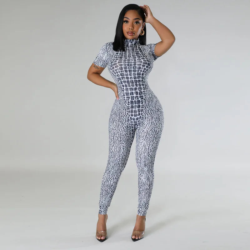 Sexy Print Jumpsuit For Women One Piece Outfits Short Sleeve Night Club Wear Rompers Party Bodycon Jumpsuits Pencil Pants