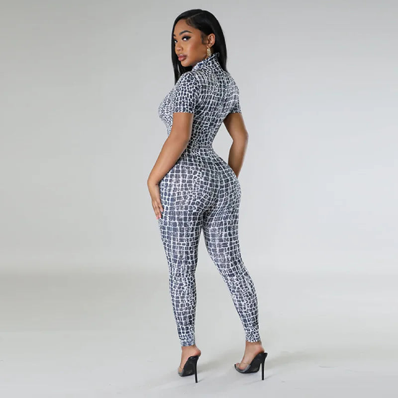 Sexy Print Jumpsuit For Women One Piece Outfits Short Sleeve Night Club Wear Rompers Party Bodycon Jumpsuits Pencil Pants