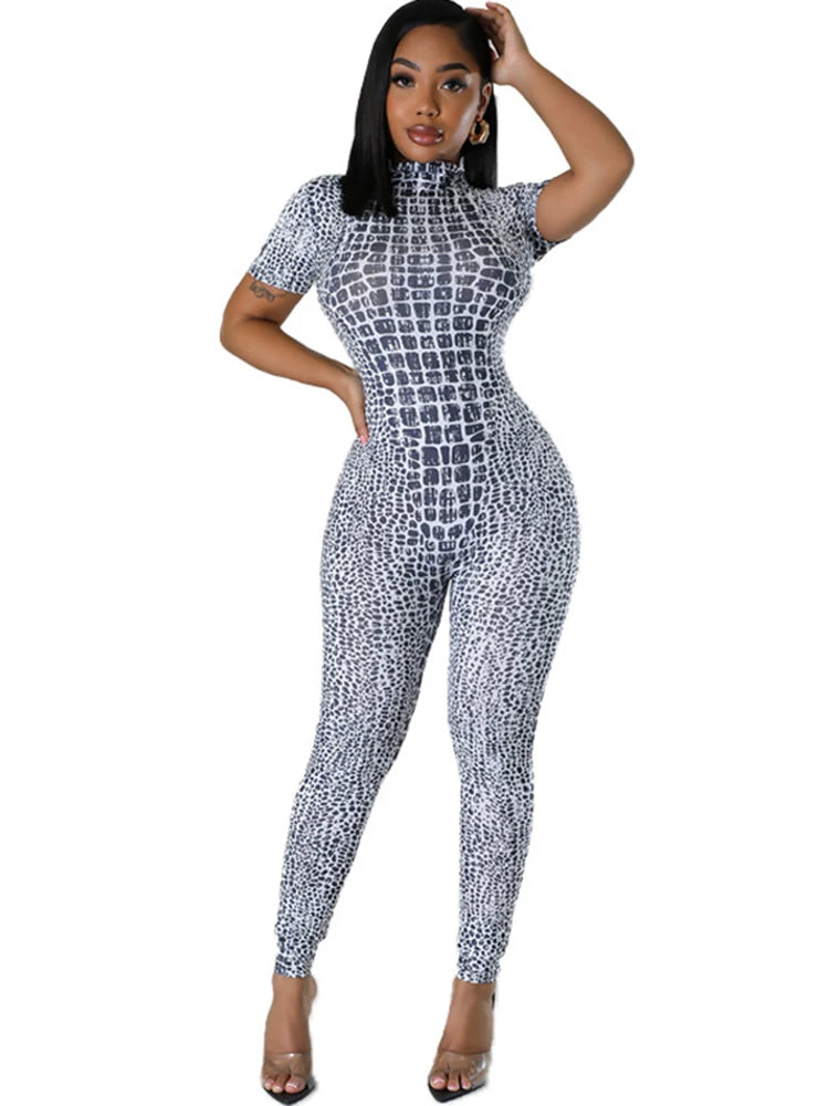 Sexy Print Jumpsuit For Women One Piece Outfits Short Sleeve Night Club Wear Rompers Party Bodycon Jumpsuits Pencil Pants