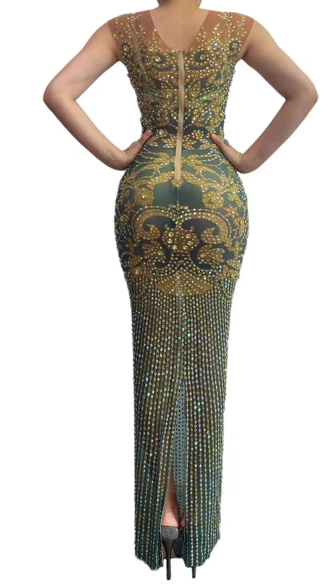 Women Transparent V Neck Golden Bead Printed Flash Rhinestone Dress