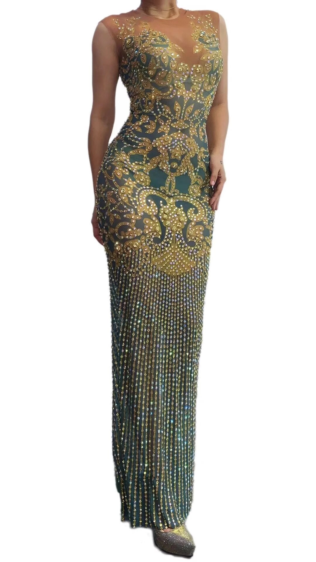 Women Transparent V Neck Golden Bead Printed Flash Rhinestone Dress