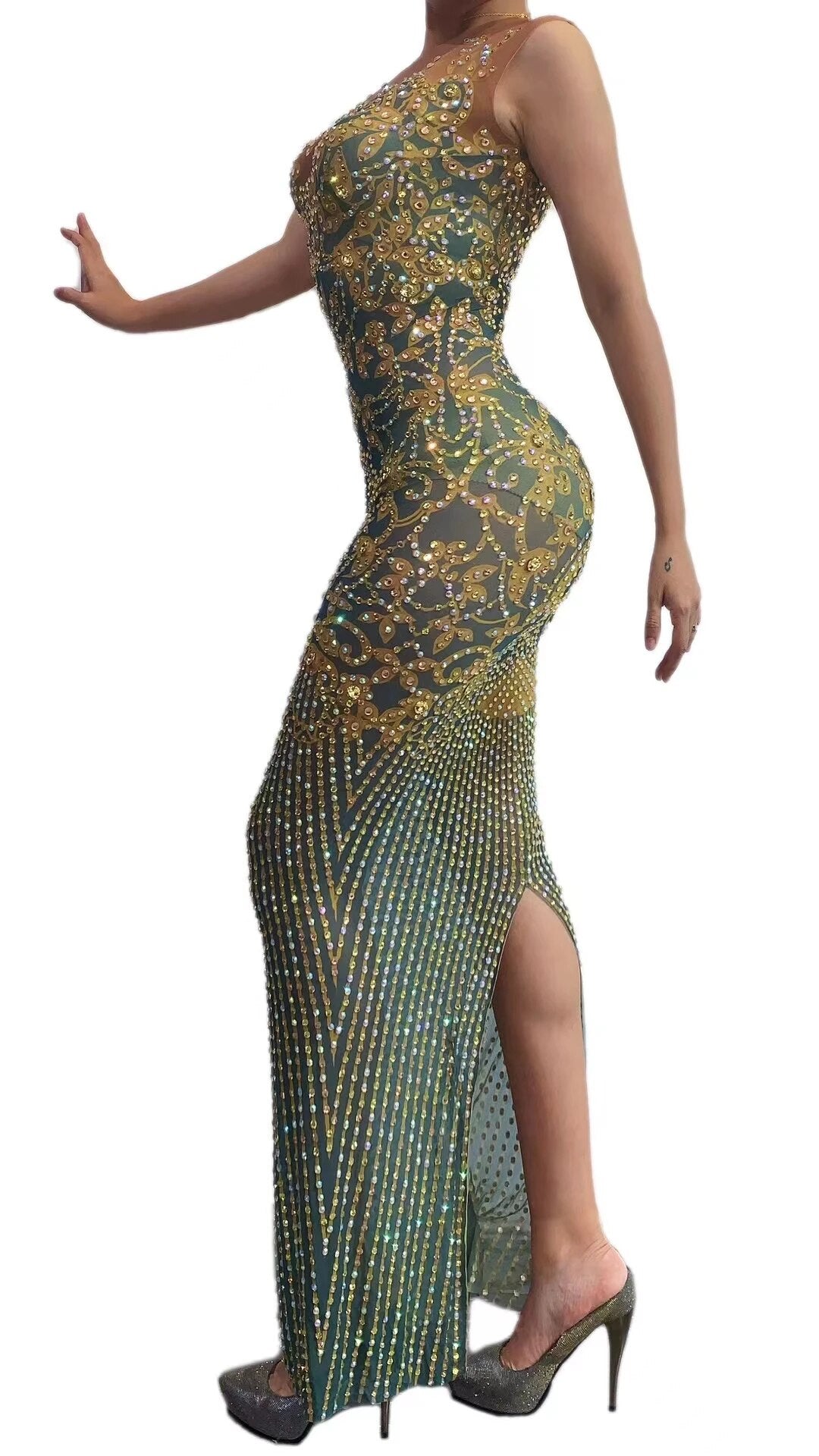 Women Transparent V Neck Golden Bead Printed Flash Rhinestone Dress
