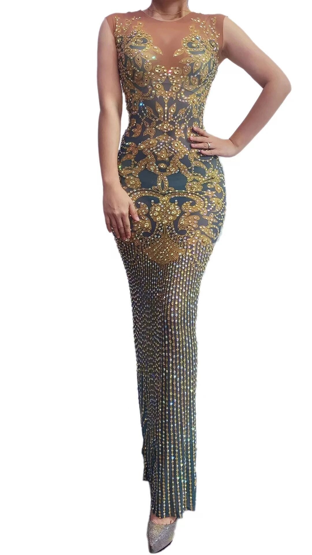 Women Transparent V Neck Golden Bead Printed Flash Rhinestone Dress