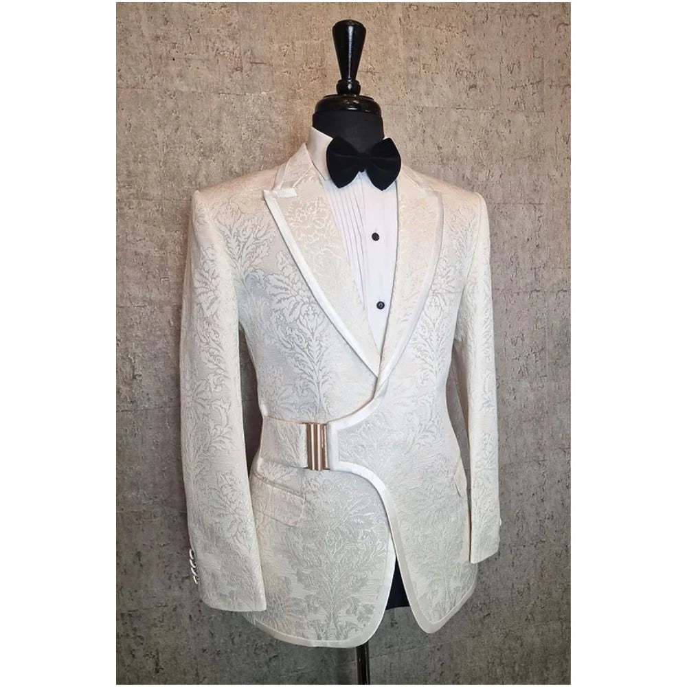 Unique Pattern Men Suits with Buckle Shawl Lapel Custom Slim Fit Tuxedo Masculino Blazer Prom Wear 2 Pcs Jacket+Black Solid Pant