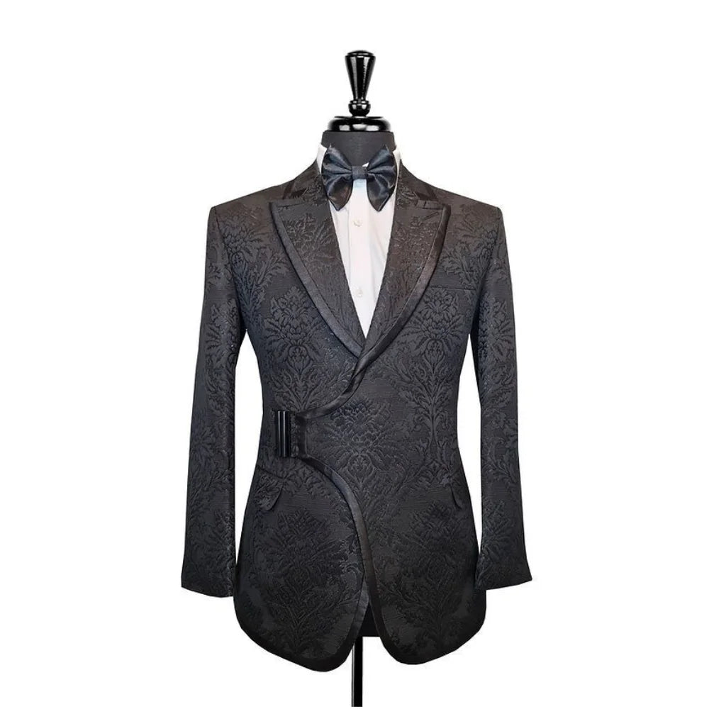 Unique Pattern Men Suits with Buckle Shawl Lapel Custom Slim Fit Tuxedo Masculino Blazer Prom Wear 2 Pcs Jacket+Black Solid Pant