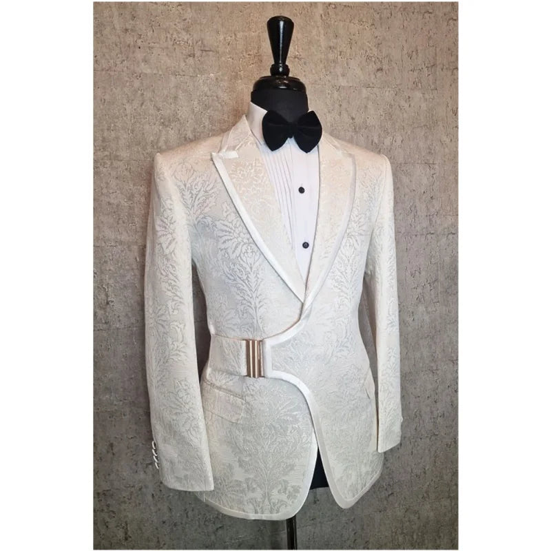 Unique Pattern Men Suits with Buckle Shawl Lapel Custom Slim Fit Tuxedo Masculino Blazer Prom Wear 2 Pcs Jacket+Black Solid Pant