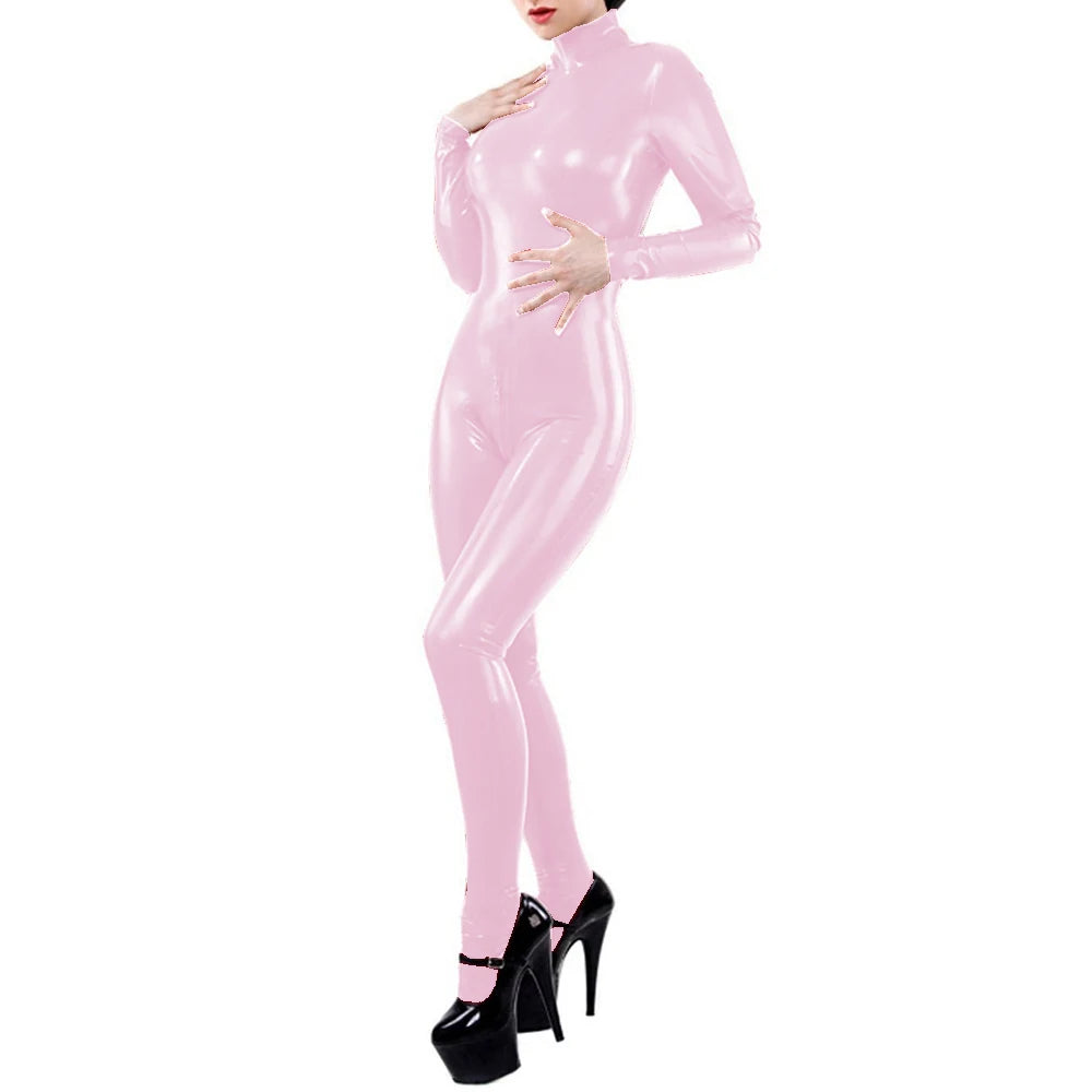 Unisex Cosplay Costumes Sexy Wetlook PVC Leather Long Sleeve Catsuits Stand Neck Leotard Slim Jumpsuits Party Club Fetish S-7XL