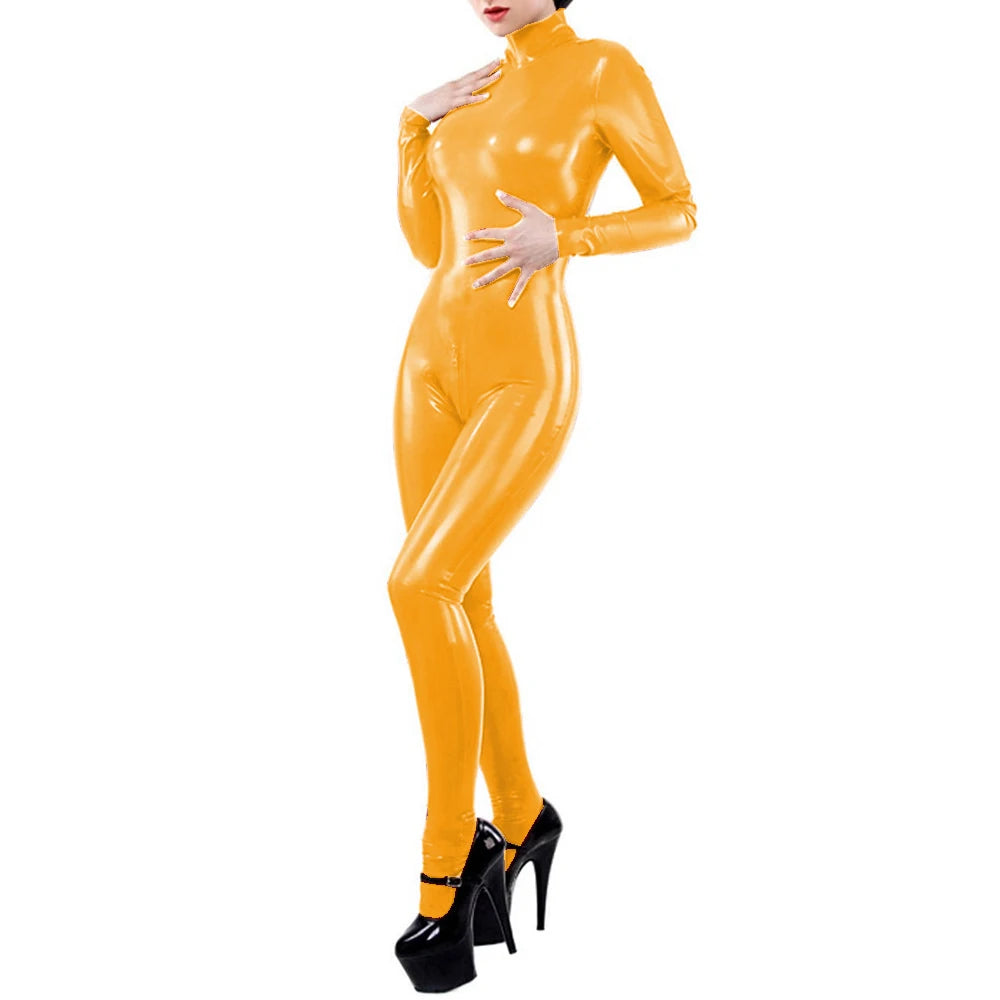 Unisex Cosplay Costumes Sexy Wetlook PVC Leather Long Sleeve Catsuits Stand Neck Leotard Slim Jumpsuits Party Club Fetish S-7XL