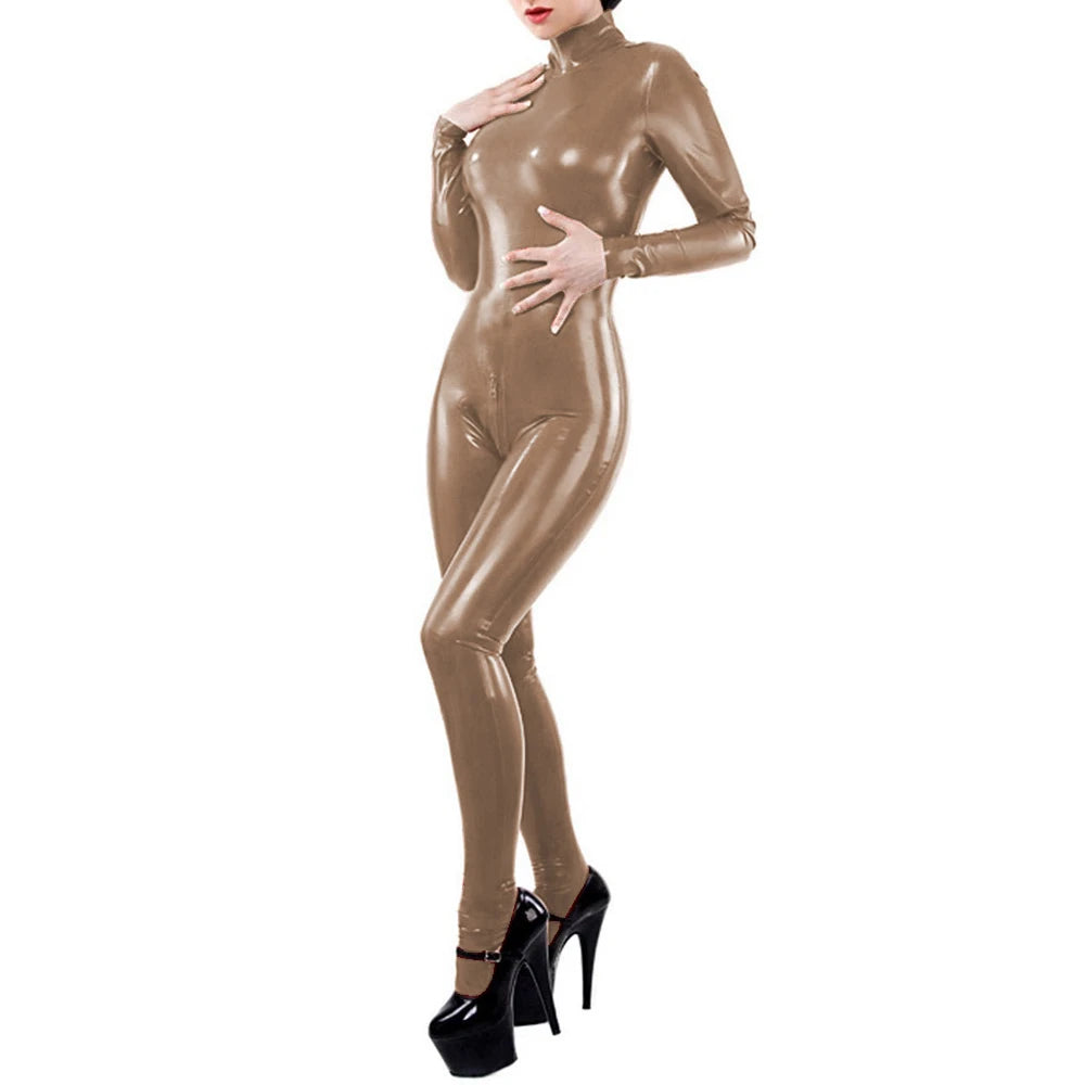 Unisex Cosplay Costumes Sexy Wetlook PVC Leather Long Sleeve Catsuits Stand Neck Leotard Slim Jumpsuits Party Club Fetish S-7XL