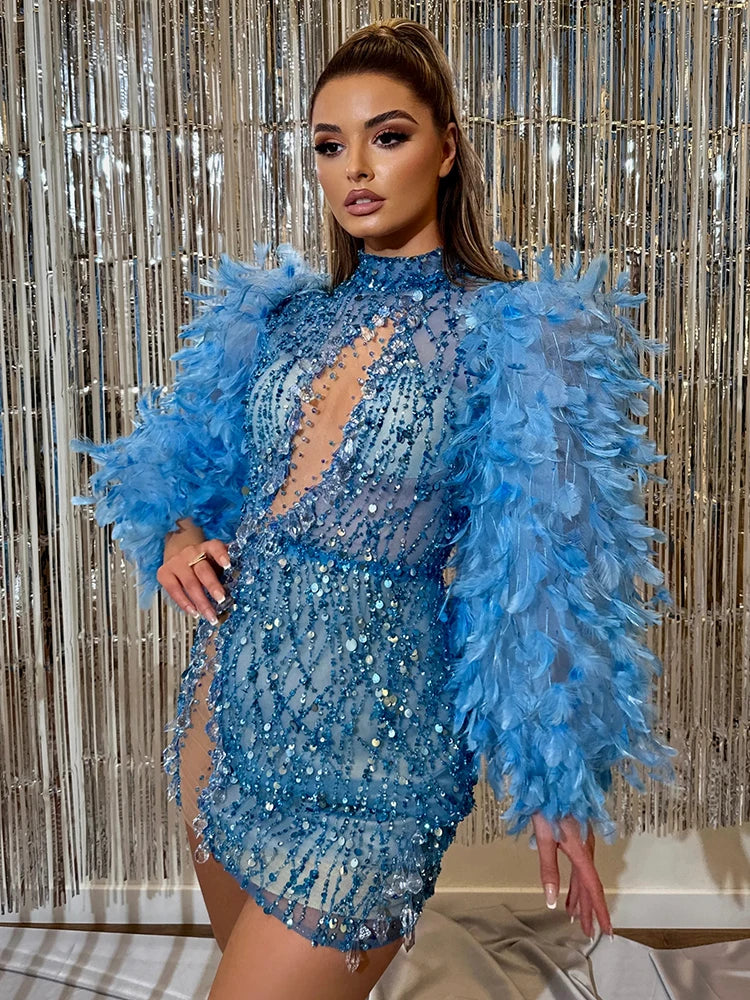 Women'S Luxury Party Dress Blue Feather Design Long Sleeves Prom Short Formal Occasions Dress Autumn Winter