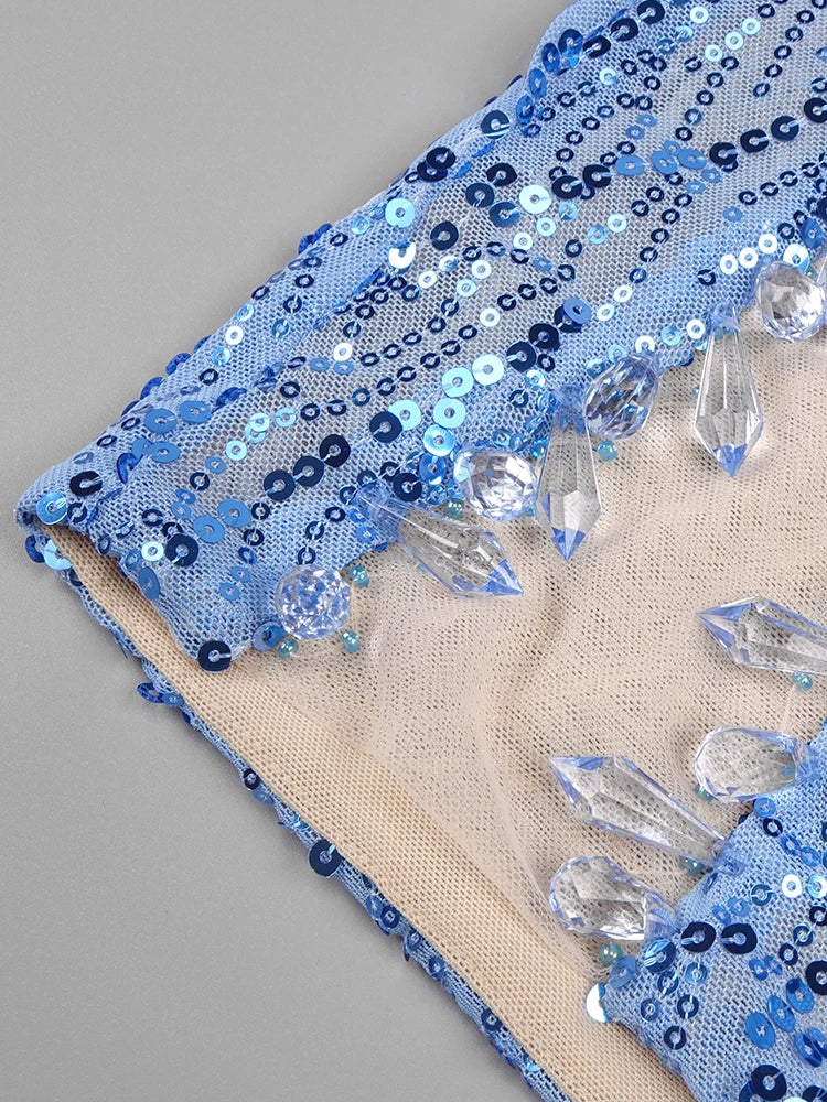 Women'S Luxury Party Dress Blue Feather Design Long Sleeves Prom Short Formal Occasions Dress Autumn Winter