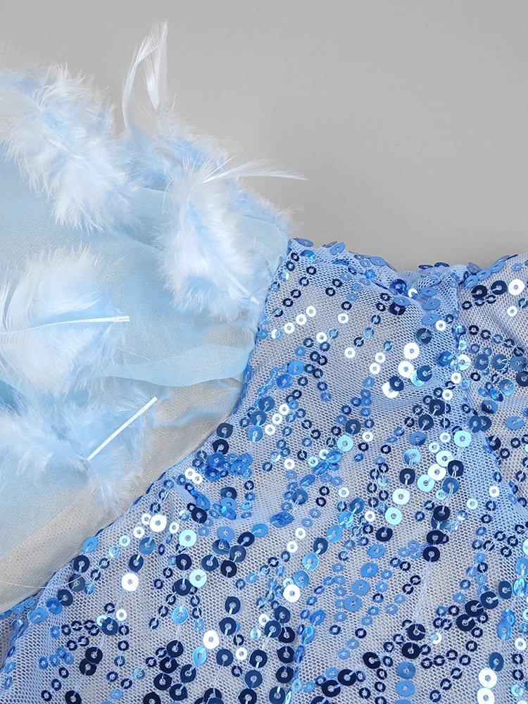 Women'S Luxury Party Dress Blue Feather Design Long Sleeves Prom Short Formal Occasions Dress Autumn Winter