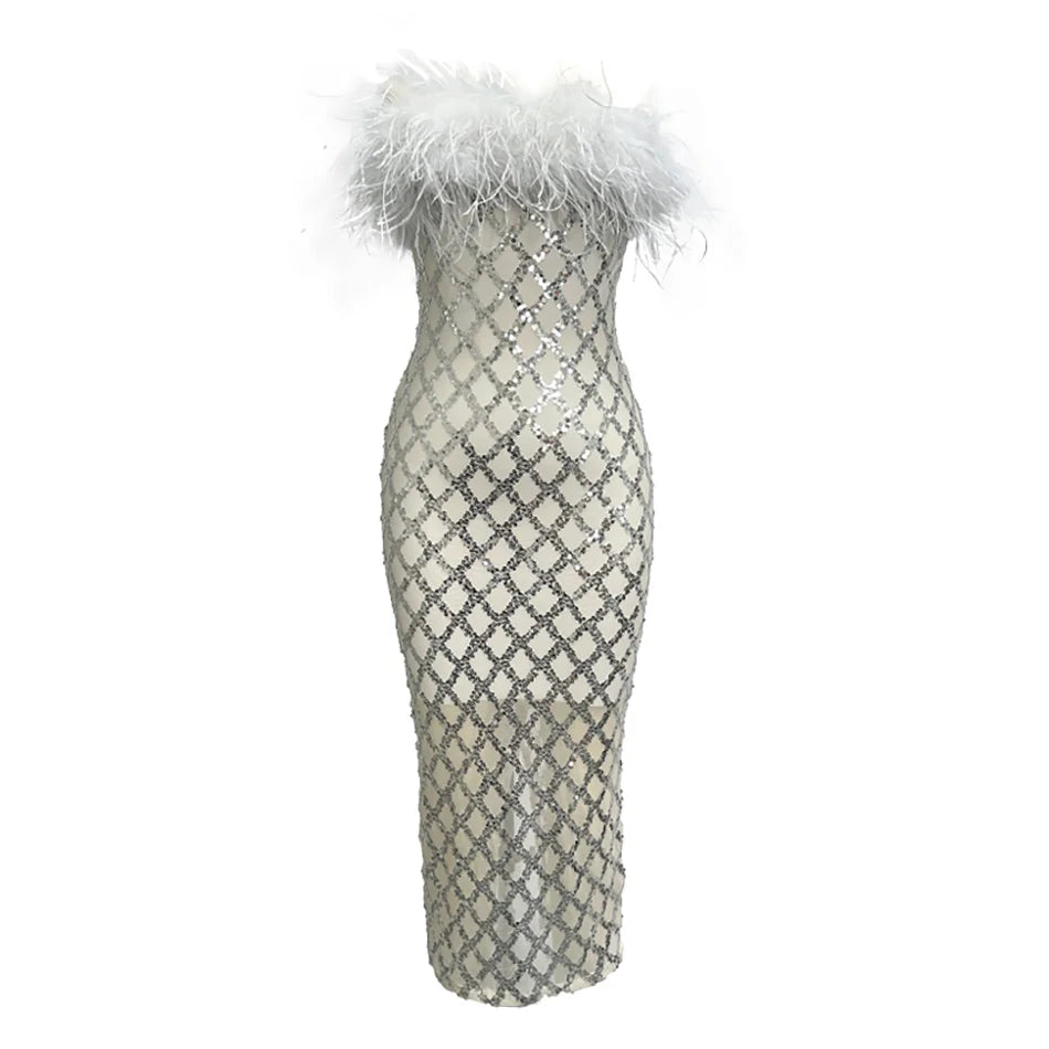 Va Va Voom Leisure Feather Tube Top Sequined Dress