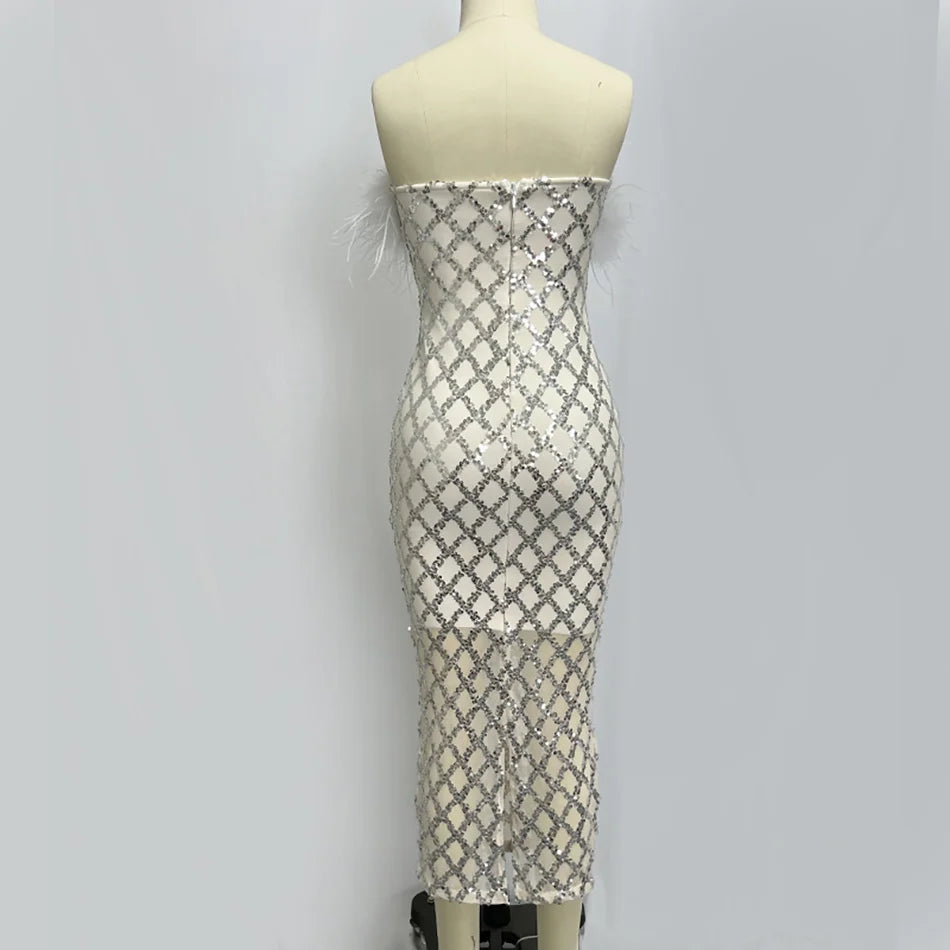 Va Va Voom Leisure Feather Tube Top Sequined Dress