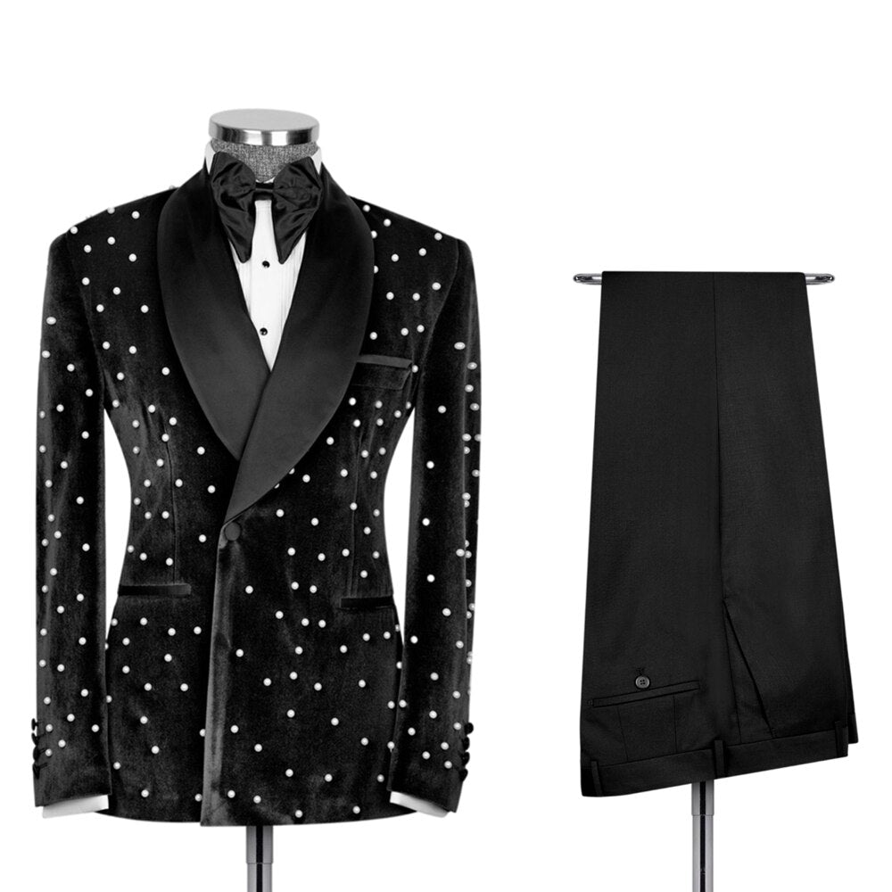 Velvet Men Suits Slim Fit 2 Piece/Pearl Embroidery Advanced Customization Men Blazer Set/Blue Wedding Groom Jacket Pants Outfit