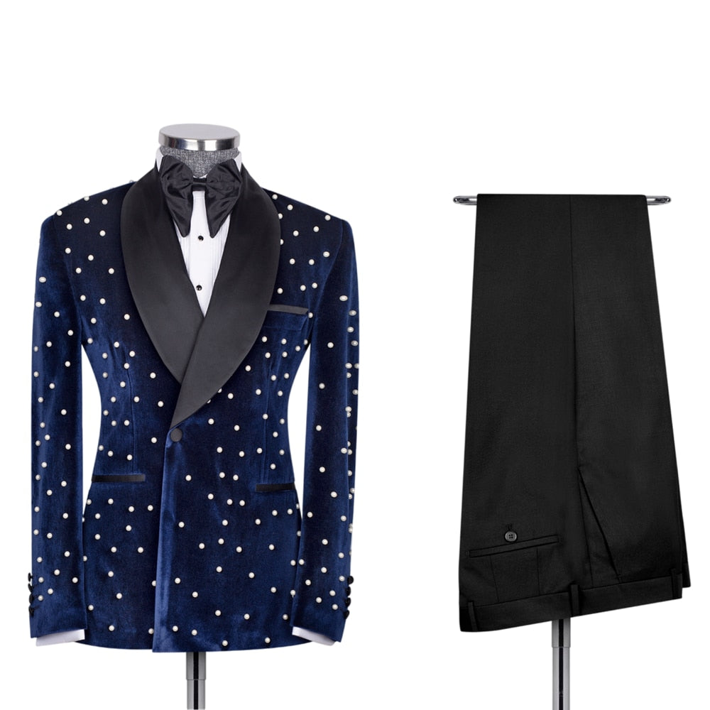 Velvet Men Suits Slim Fit 2 Piece/Pearl Embroidery Advanced Customization Men Blazer Set/Blue Wedding Groom Jacket Pants Outfit