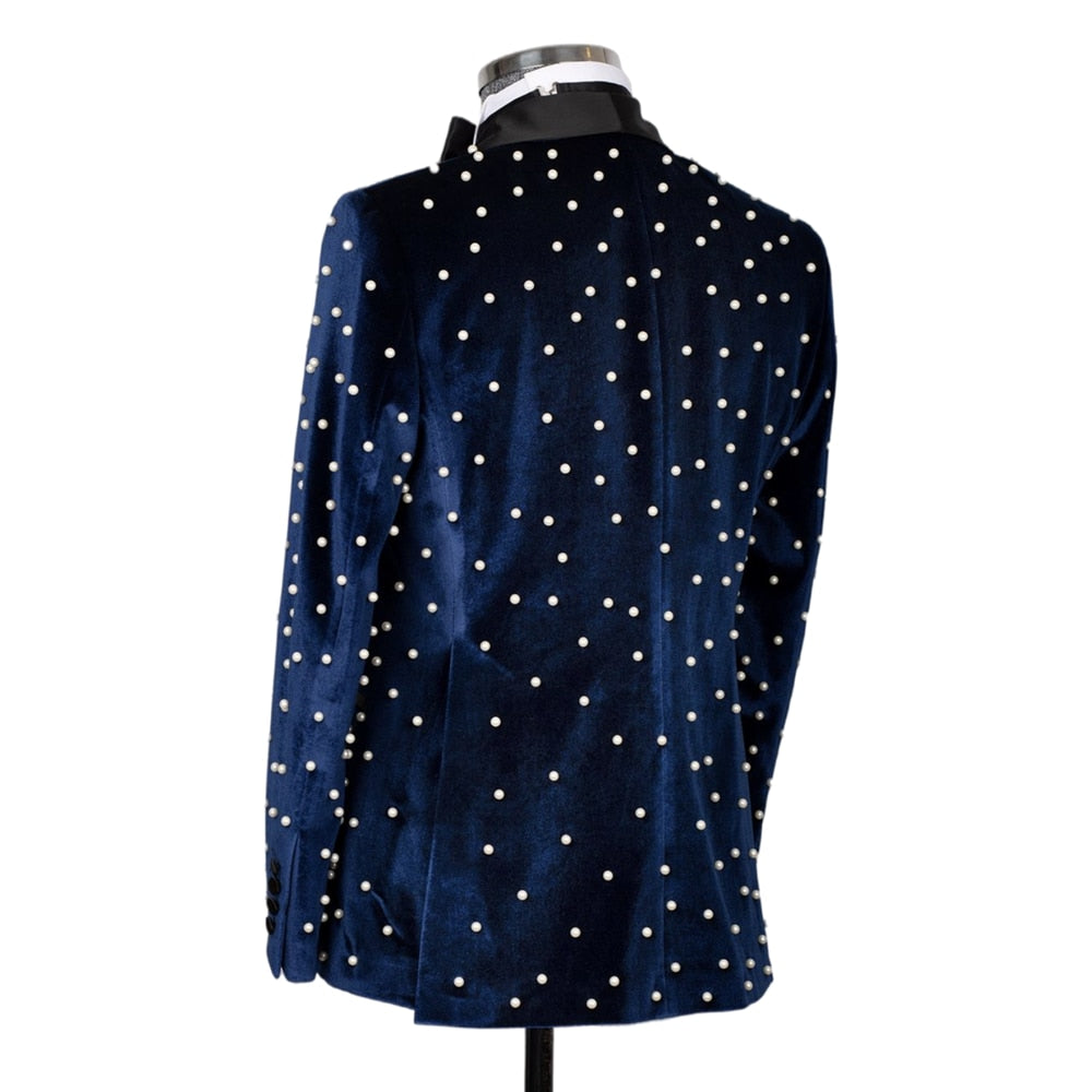 Velvet Men Suits Slim Fit 2 Piece/Pearl Embroidery Advanced Customization Men Blazer Set/Blue Wedding Groom Jacket Pants Outfit