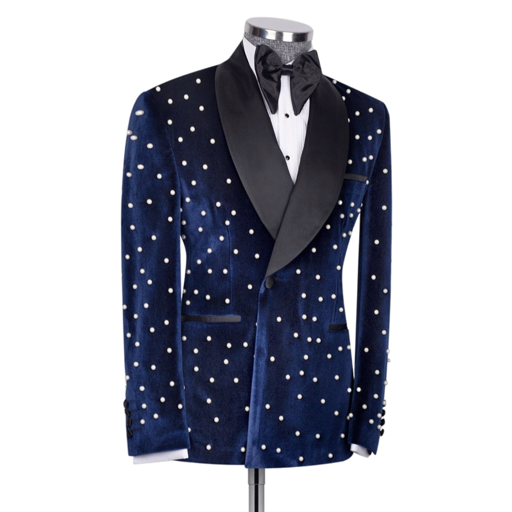 Velvet Men Suits Slim Fit 2 Piece/Pearl Embroidery Advanced Customization Men Blazer Set/Blue Wedding Groom Jacket Pants Outfit