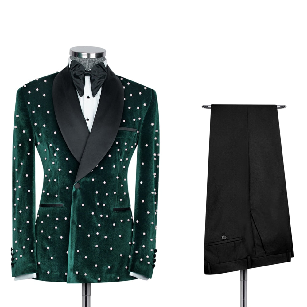 Velvet Men Suits Slim Fit 2 Piece/Pearl Embroidery Advanced Customization Men Blazer Set/Blue Wedding Groom Jacket Pants Outfit