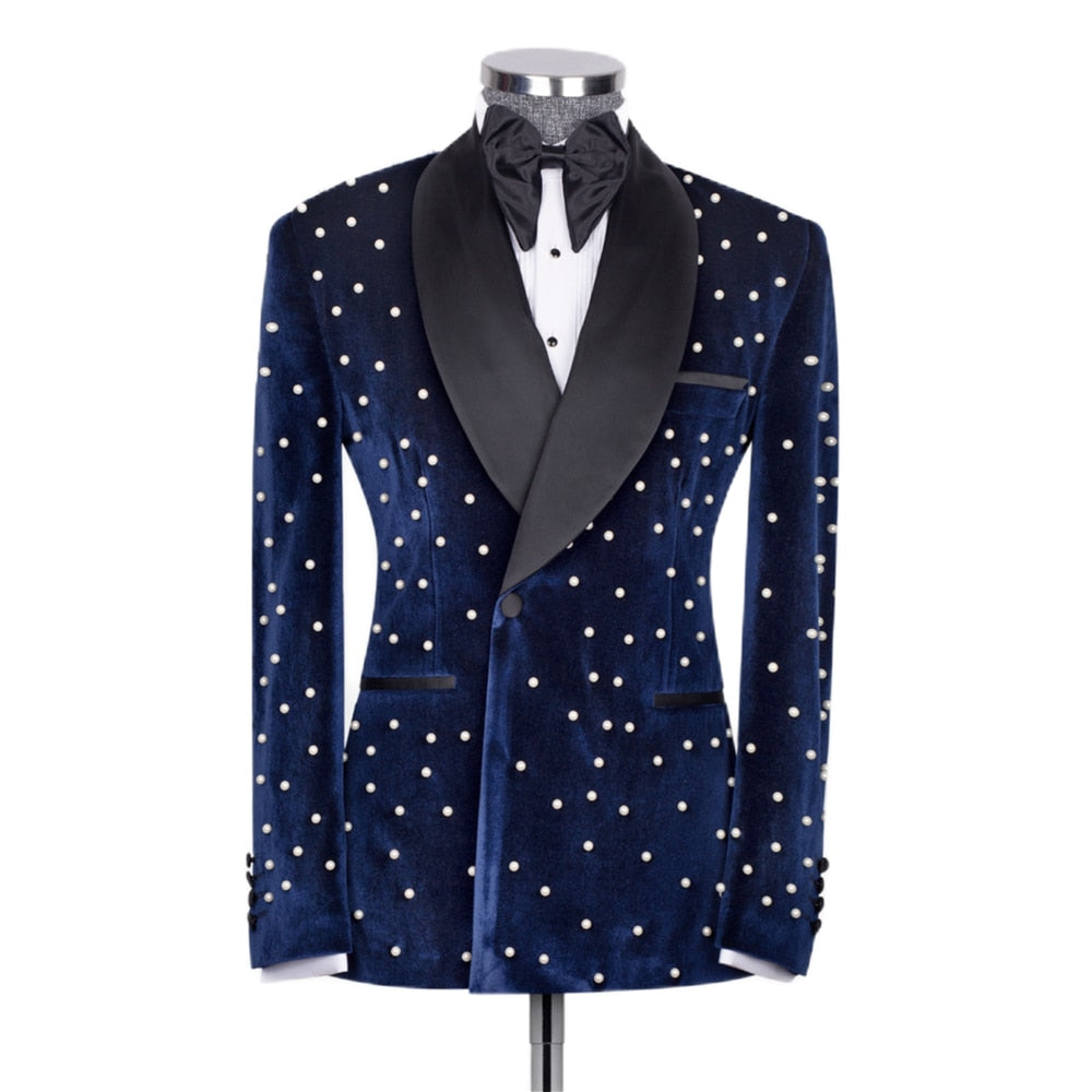 Velvet Men Suits Slim Fit 2 Piece/Pearl Embroidery Advanced Customization Men Blazer Set/Blue Wedding Groom Jacket Pants Outfit