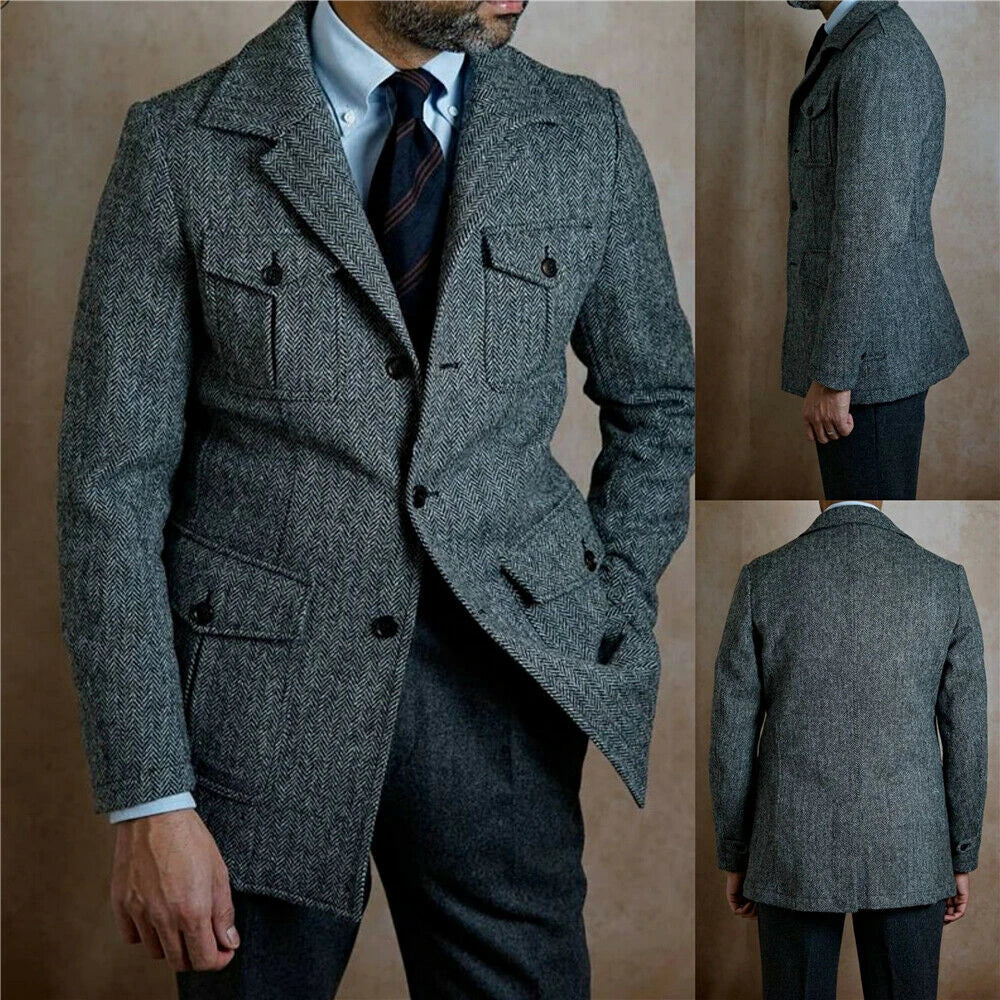 Vintage Business Men Suits Slim Fit Gray Tweed Herringbone Tuxedo Groom Suits For Men Wedding Notch Lapel Jacket Male Blazer