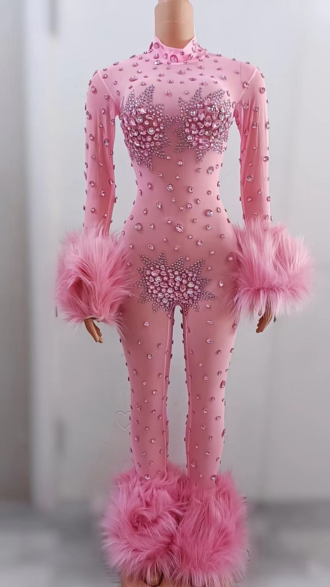 Sexy Crystal Diamond Skinny Long Pant Jumpsuit Women See Through Feather Romper Clubwear Fitness Outfits Gorgeous Dress
