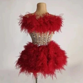 White Color  Sexy Strapless Mini Sheath Two-Pieces Set Birthday Evening Party Dress Bar Nightclub Singer Dancer Stage Wear