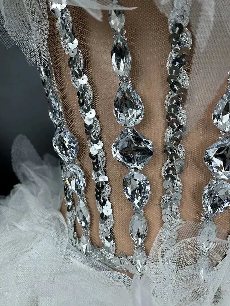 White Color  Sexy Strapless Mini Sheath Two-Pieces Set Birthday Evening Party Dress Bar Nightclub Singer Dancer Stage Wear