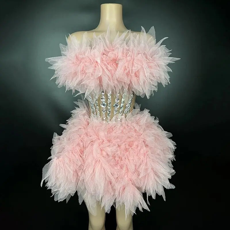 White Color  Sexy Strapless Mini Sheath Two-Pieces Set Birthday Evening Party Dress Bar Nightclub Singer Dancer Stage Wear