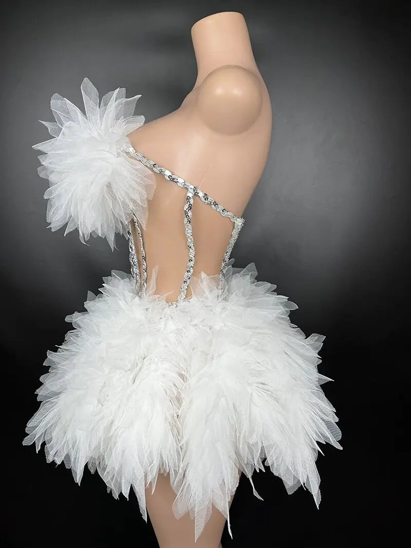 White Color  Sexy Strapless Mini Sheath Two-Pieces Set Birthday Evening Party Dress Bar Nightclub Singer Dancer Stage Wear