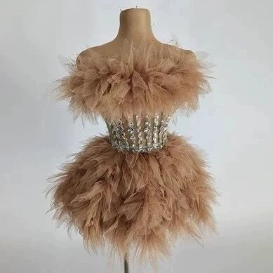 White Color  Sexy Strapless Mini Sheath Two-Pieces Set Birthday Evening Party Dress Bar Nightclub Singer Dancer Stage Wear