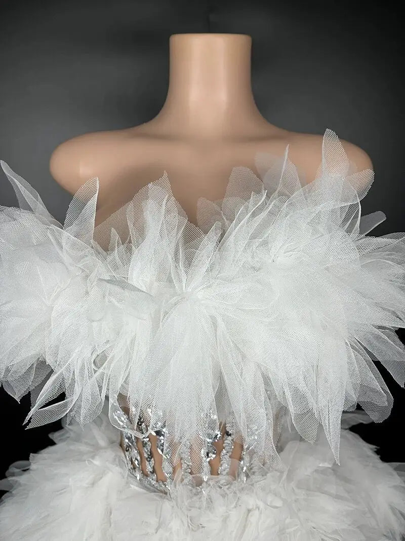 White Color  Sexy Strapless Mini Sheath Two-Pieces Set Birthday Evening Party Dress Bar Nightclub Singer Dancer Stage Wear