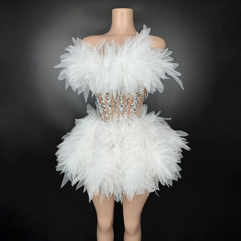 White Color  Sexy Strapless Mini Sheath Two-Pieces Set Birthday Evening Party Dress Bar Nightclub Singer Dancer Stage Wear