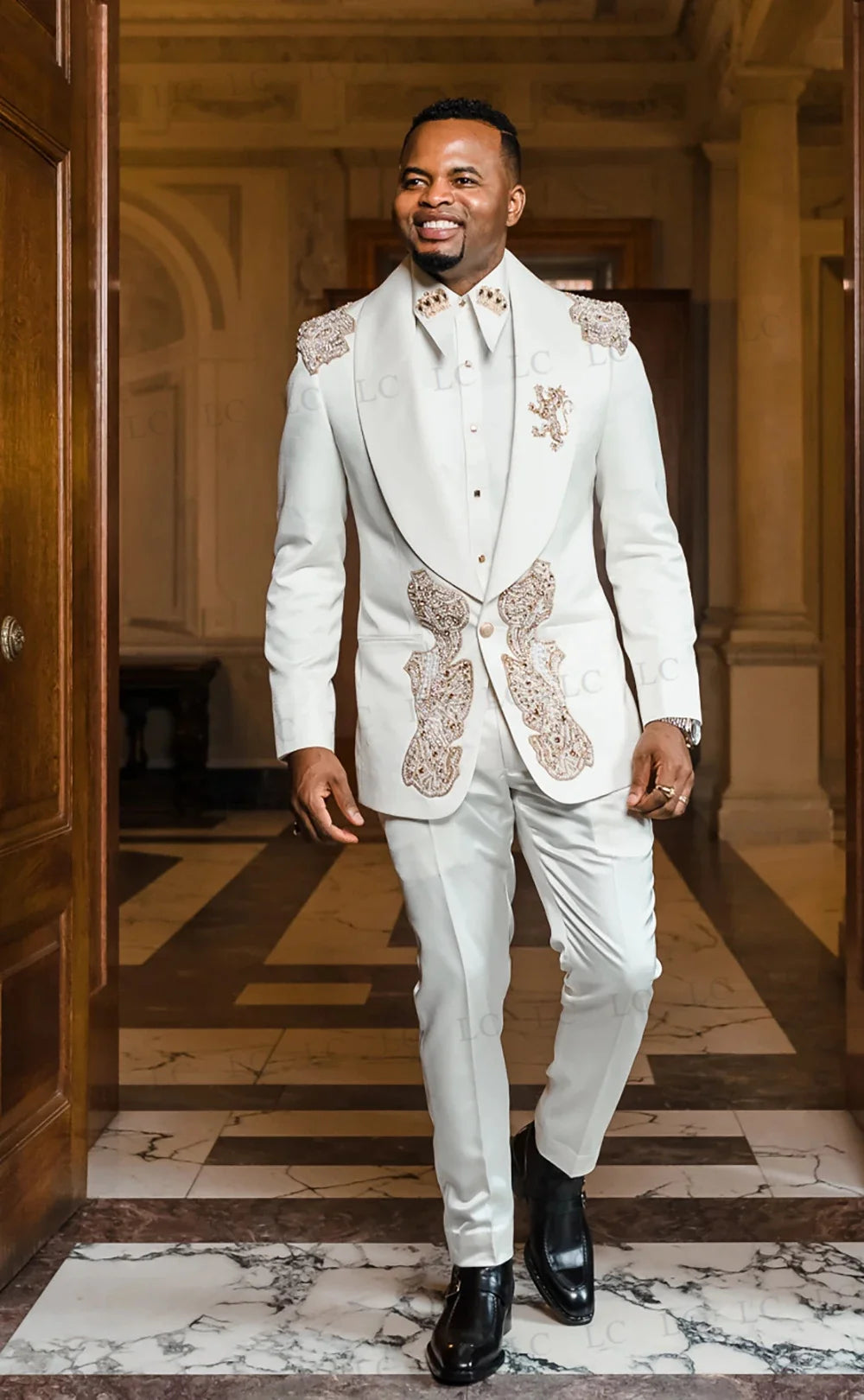 White Gold Appliques Beadings Wedding Groom Men Suits 2 Piece Blazer Pants One Button Tuxedo Formal Work Prom Plus Size Tailored