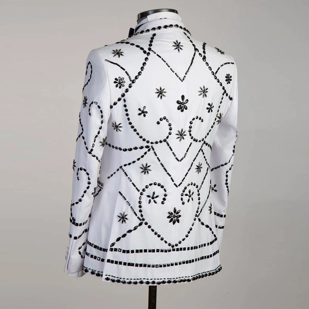 White Pants Suit Men For Wedding Luxury Black Beads Double Breasted Prom Blazer Groom Wear Man Tuxedos Bespoke Trajes De Hombre