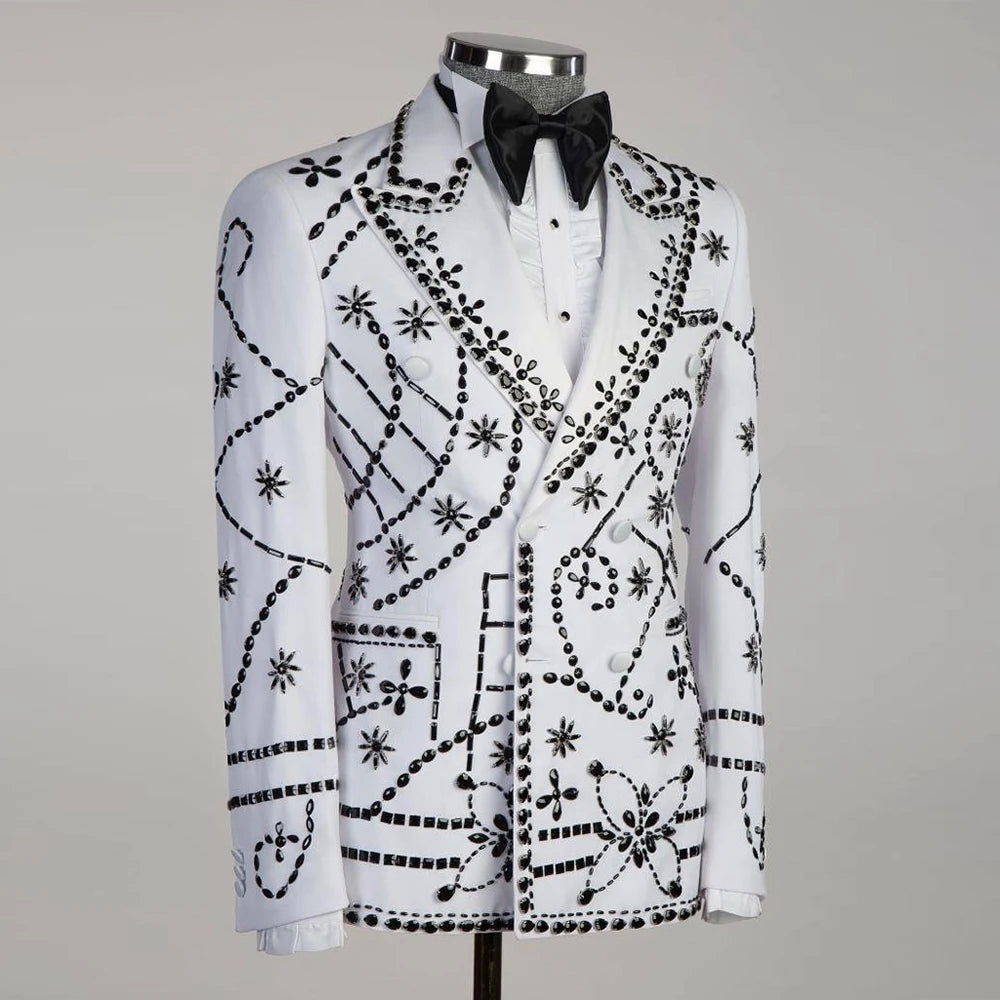 White Pants Suit Men For Wedding Luxury Black Beads Double Breasted Prom Blazer Groom Wear Man Tuxedos Bespoke Trajes De Hombre