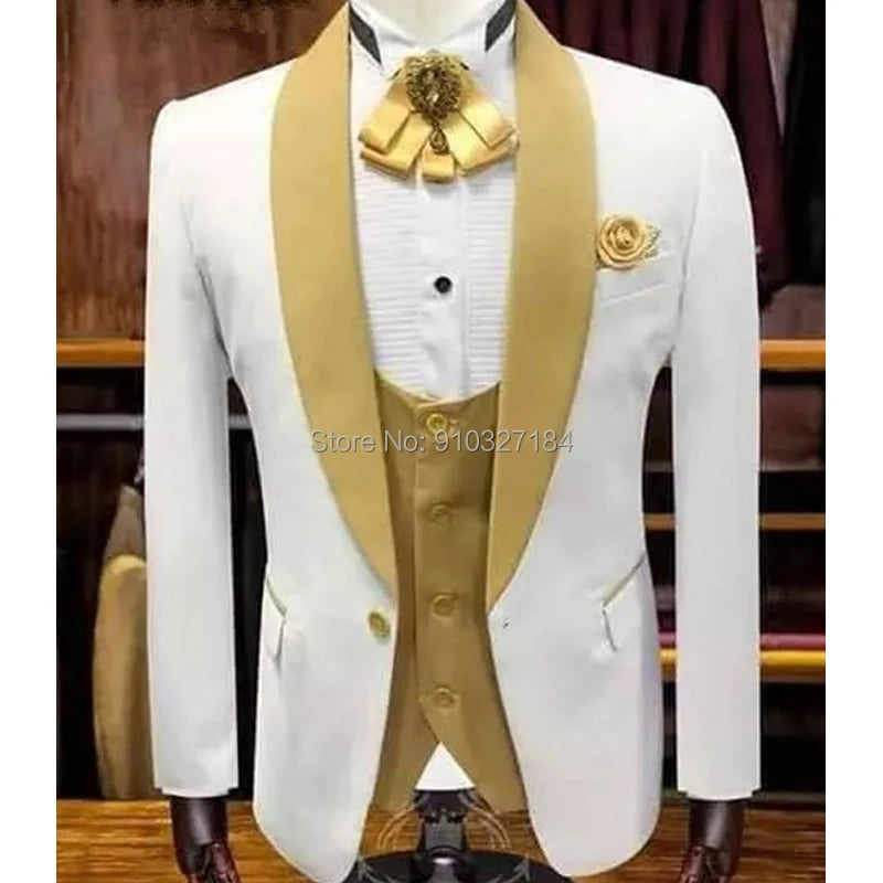 White Gold Wedding Tuxedo for Groomsmen with Shawl Lapel Men Suits 3 Piece Set Jacket Vest with Pants